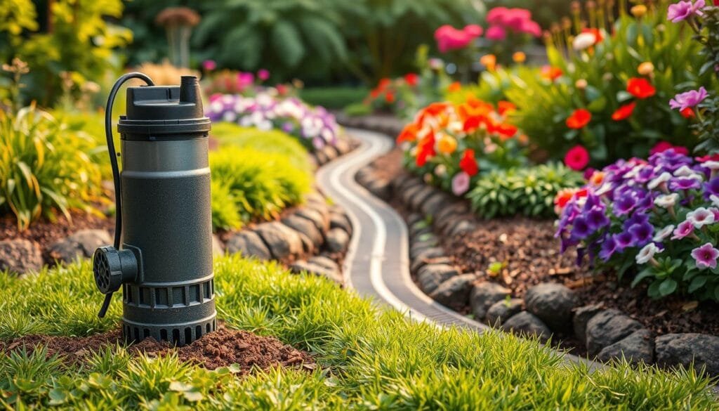 A lush, well-maintained garden with an efficient drainage and water management system. In the foreground, a modern water pump stands ready to handle dirty, debris-filled water, showcasing its powerful yet discreet design. The middle ground reveals strategically placed drainage channels, seamlessly integrated into the landscape, guiding excess water away. In the background, flourishing vegetation and vibrant flowers create a serene, nature-inspired atmosphere. Warm, diffused lighting illuminates the scene, highlighting the harmonious relationship between the garden's design and its water management infrastructure. The overall composition conveys the importance of proper drainage and water control in creating a thriving, healthy outdoor oasis. A lush, well-maintained garden with an efficient drainage and water management system. In the foreground, a modern water pump stands ready to handle dirty, debris-filled water, showcasing its powerful yet discreet design. The middle ground reveals strategically placed drainage channels, seamlessly integrated into the landscape, guiding excess water away. In the background, flourishing vegetation and vibrant flowers create a serene, nature-inspired atmosphere. Warm, diffused lighting illuminates the scene, highlighting the harmonious relationship between the garden's design and its water management infrastructure. The overall composition conveys the importance of proper drainage and water control in creating a thriving, healthy outdoor oasis.